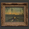 Intricate Carved Wooden Photo Frame with Sunset Landscape Painting Home Decor