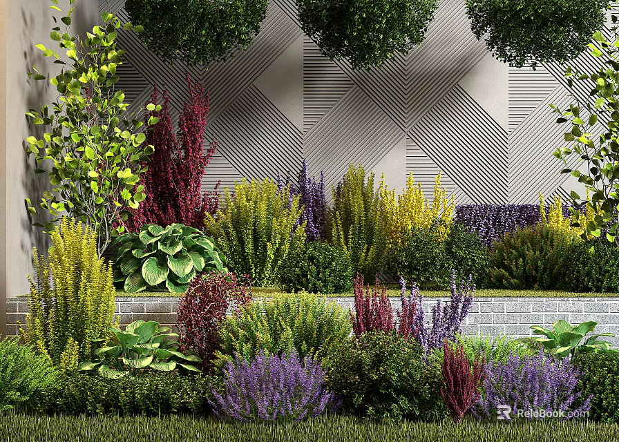 Colorful Shrubs in Modern Garden Landscape with Green Red Purple Yellow Foliage and Gray Wall 3d model 