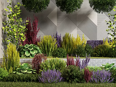 Colorful Shrubs in Modern Garden Landscape with Green Red Purple Yellow Foliage and Gray Wall 3d model