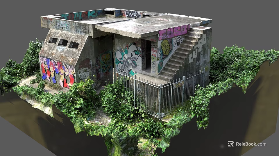 Graffiti Covered Concrete Building With Metal Fence Stairs And Overgrown Greenery 3d model 