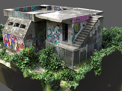 Graffiti Covered Concrete Building With Metal Fence Stairs And Overgrown Greenery 3d model