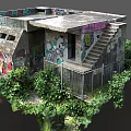 Graffiti Covered Concrete Building With Metal Fence Stairs And Overgrown Greenery