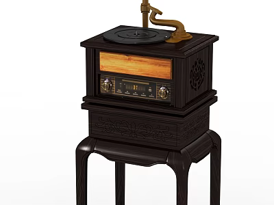 Vintage Phonograph Record Player With Wooden Body Carved Base And Vinyl Record 3d model