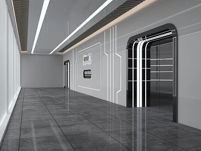 Modern Corridor Interior With White Walls Gray Floor Tiles Elevator Doors And Ceiling Light Strips 3d model