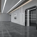 Modern Corridor Interior With White Walls Gray Floor Tiles Elevator Doors And Ceiling Light Strips 3d model