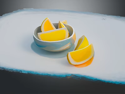 Fresh Orange Slices in Blue and White Bowl with Additional Slices on White Surface 3d model