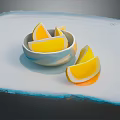 Fresh Orange Slices in Blue and White Bowl with Additional Slices on White Surface
