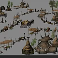 Traditional Tribal Village Scene With Thatched Huts Tents People Horses And Trees