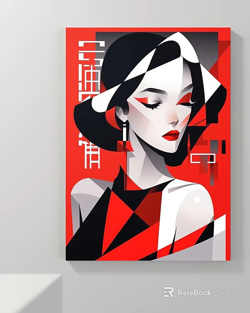 Abstract Geometric Female Portrait Art With Bold Lines Red Lips And Modern Stylized Design 3d model 