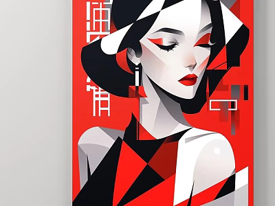 Abstract Geometric Female Portrait Art With Bold Lines Red Lips And Modern Stylized Design 3d model