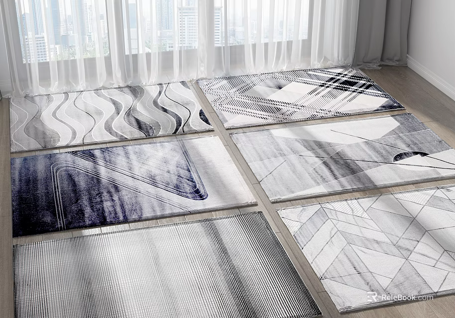Modern Square Rugs With Geometric And Wave Patterns In Black White Gray Tones 3d model 