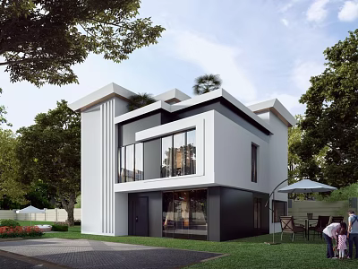 Modern Detached Villa Exterior with Large Windows White Black Facade Trees and Outdoor Yard 3d model