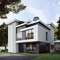 Modern Detached Villa Exterior with Large Windows White Black Facade Trees and Outdoor Yard