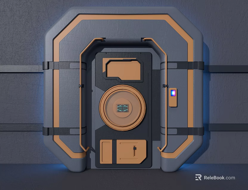 Futuristic Secure Door With Metallic Gray And Orange Design And Circular Control Panel 3d model 