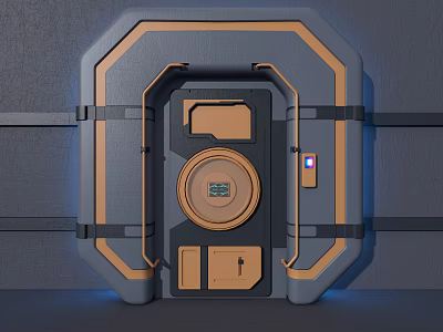 Futuristic Secure Door With Metallic Gray And Orange Design And Circular Control Panel 3d model