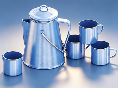 Silver Metallic Tea Set With Teapot And Four Mugs On Blue Background 3d model