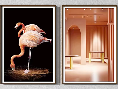 Two Framed Decorative Paintings Featuring Flamingo And Pink Interior Scene 3d model