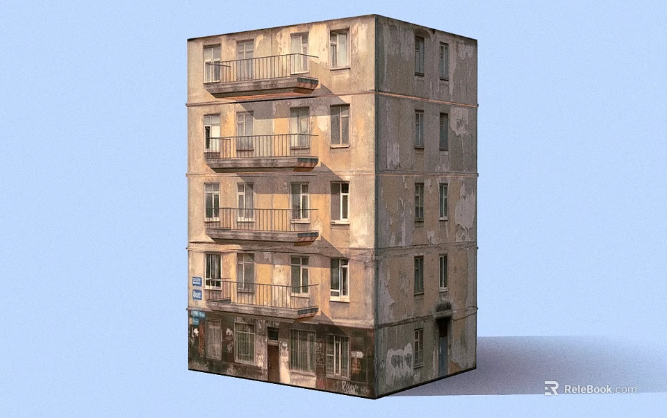 Old Multi Story Residential Building With Weathered Exterior Balconies Ground Floor Shops And Windows 3d model 