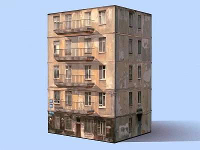Old Multi Story Residential Building With Weathered Exterior Balconies Ground Floor Shops And Windows 3d model