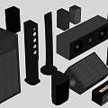 Home Theater Sound System With Black Speakers In Various Sizes And Designs