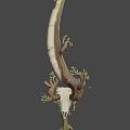 Unique Fantasy Weapon Featuring Tree Branches Animal Skull Green Leaves Glowing Lights And Blue Background
