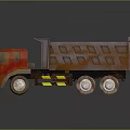 Red Cab Dump Truck With Brown Grid Bed Yellow Black Reflective Strips And Large Wheels