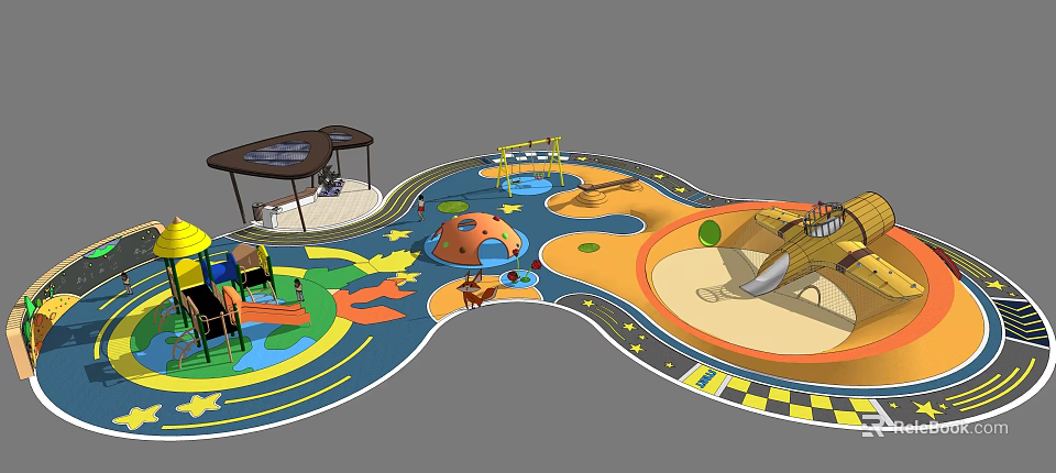 Kids Playground Equipment With Slides Climbing Structures Sandpit Colorful Floor And Shade Canopy 3d model 