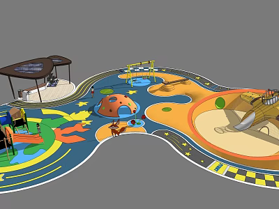 Kids Playground Equipment With Slides Climbing Structures Sandpit Colorful Floor And Shade Canopy 3d model