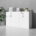 White Console Cabinet with Doors and Drawers Topped with Books Decor Plant Against Gray Wall