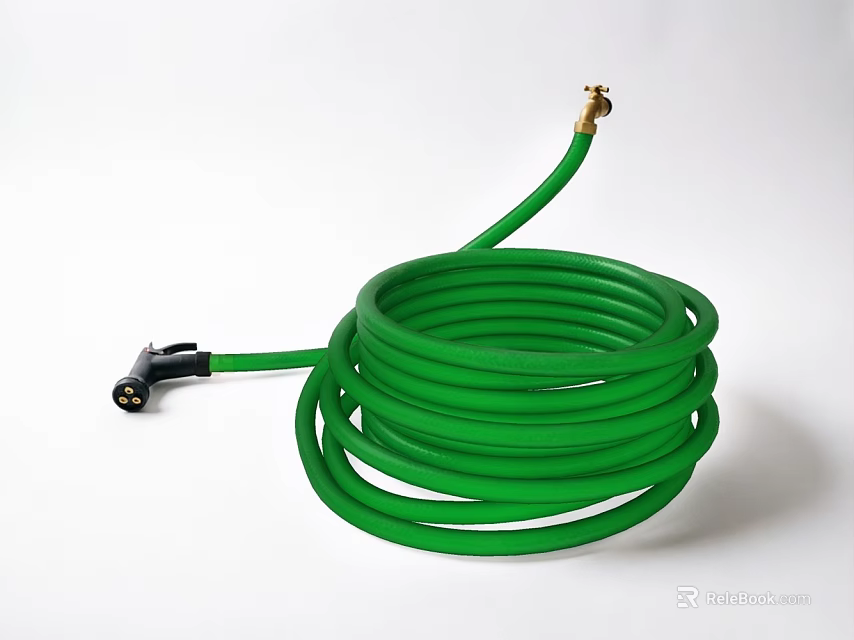 Durable Green Coiled Industrial Hose With Brass Fitting And Black Connector 3d model 