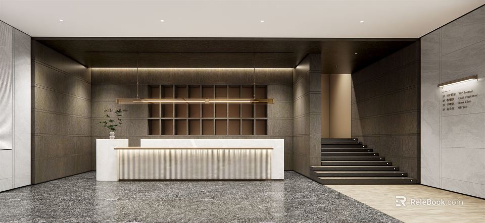 Elegant Modern Store Front Desk Interior With Marble Counter Grid Backdrop And Warm Lighting 3d model 