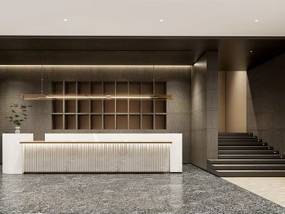 Elegant Modern Store Front Desk Interior With Marble Counter Grid Backdrop And Warm Lighting 3d model