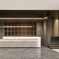 Elegant Modern Store Front Desk Interior With Marble Counter Grid Backdrop And Warm Lighting