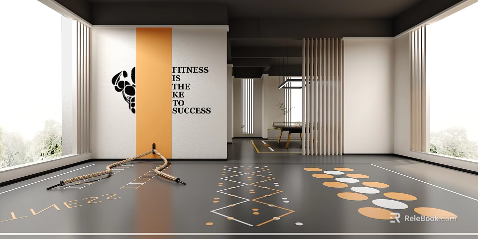 Fitness Gym Interior With Training Ropes Geometric Floor Patterns And Motivational Quote 3d model 