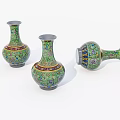 Three Green Ceramic Vases With Colorful Intricate Patterns On White Background 3d model