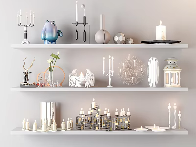 Decorative Candle Lamp Display With Various Styles On Shelves And Ornaments 3d model