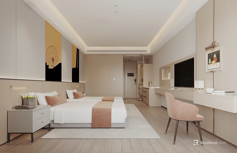 Modern Hotel Guest Room Interior With Comfortable Bed Desk Chair And Wall Art Decor 3d model 