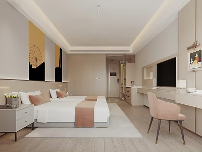 Modern Hotel Guest Room Interior With Comfortable Bed Desk Chair And Wall Art Decor 3d model
