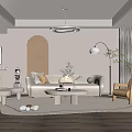 Modern Living Room With White Sofa Round Pendant Light Arched Doorway Floor Lamp Wooden Floor