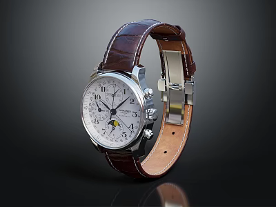 Elegant Wristwatch with White Dial Sub-Dials Brown Leather Strap Silver Stainless Steel Case 3d model