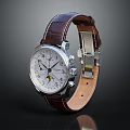 Elegant Wristwatch with White Dial Sub-Dials Brown Leather Strap Silver Stainless Steel Case