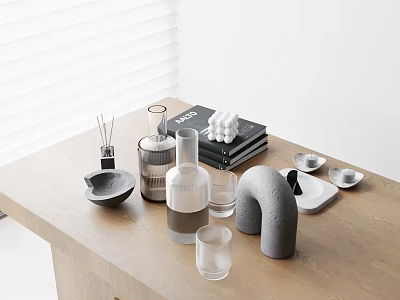 Decorative Ornament Set with Glass Bottle Gray Curved Decor Small Plates Books on Wooden Table 3d model