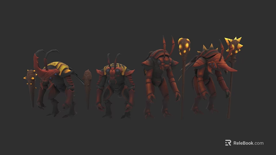 Insect Like Creature Characters With Various Designs And Glowing Weapons In Red Yellow Fantasy Style 3d model 