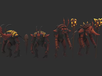 Insect Like Creature Characters With Various Designs And Glowing Weapons In Red Yellow Fantasy Style 3d model