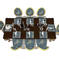 Elegant Classical Wooden Dining Table Set With Blue Golden Ornate Chairs Tableware And Candle Holders