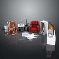 Office Workspace Setup With Wooden Chair Red Armchair Filing Cabinet Desk Lamp Printer And Papers