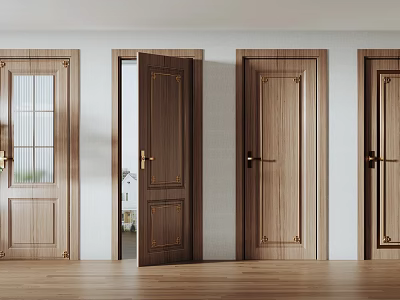 Wooden Swing Doors With Gold Handles Decorative Panels And Glass Inserts For Interior 3d model