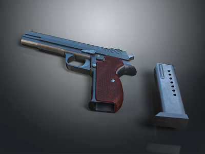 Vintage Pistol Featuring Metal Frame Brown Wooden Grip and Detachable Magazine in Close Up View 3d model