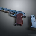 Vintage Pistol Featuring Metal Frame Brown Wooden Grip and Detachable Magazine in Close Up View