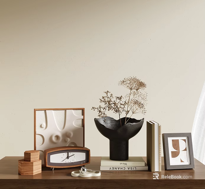 Modern Decorative Ornament Set With Black Vase Dried Flowers Clock Photo Frame And Books On Table 3d model 